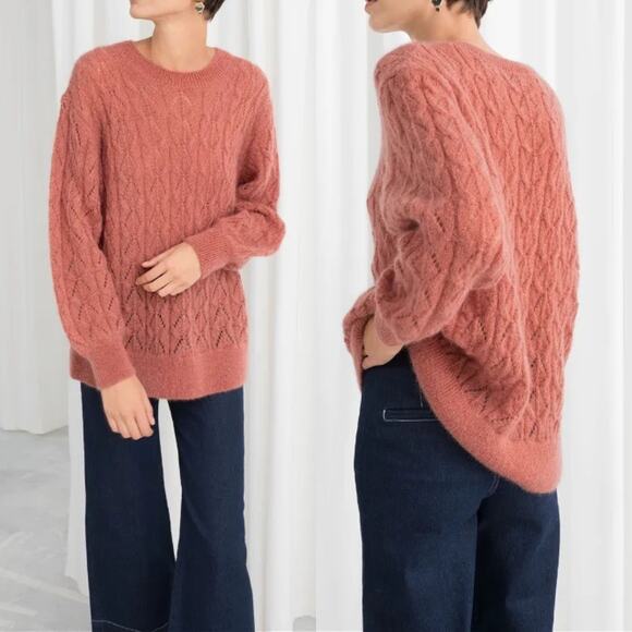 & Other Stories Orange Mohair Wool Blend Oversized Crew Neck Eyelet Knit Sweater - Picture 1 of 12
